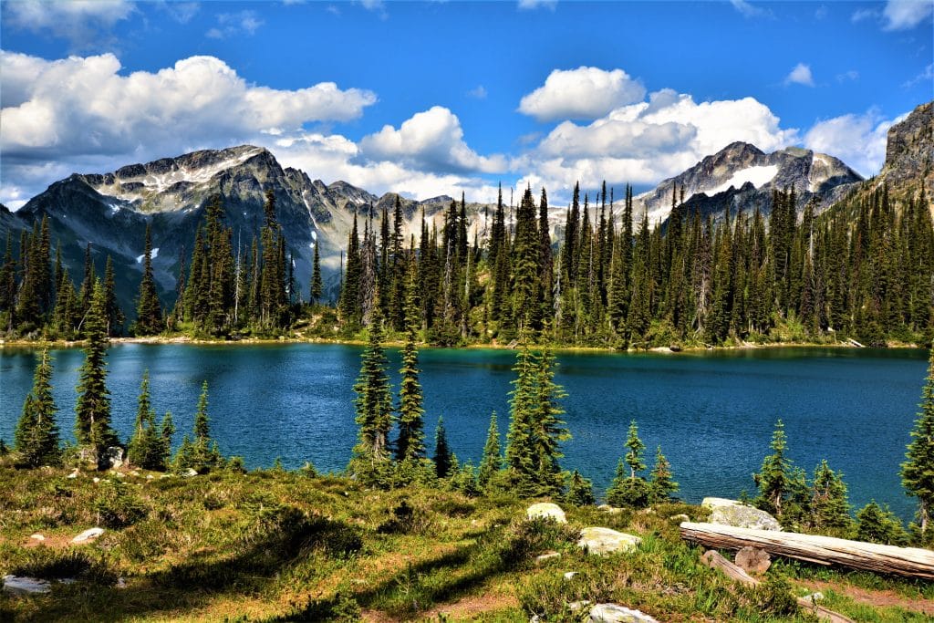 Bergmeer bij Revelstoke met helder blauw water, omringd door naaldbomen en besneeuwde bergtoppen.
