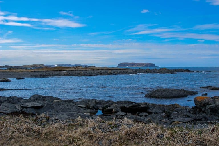 Atlantisch Canada NL LAnse aux Meadows rotsachtige kustlijn en eiland