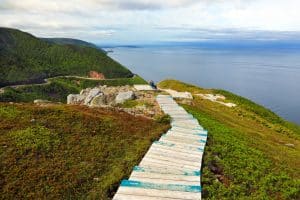 Uitzichtpunt met houten pad aan de kust van Cape Breton