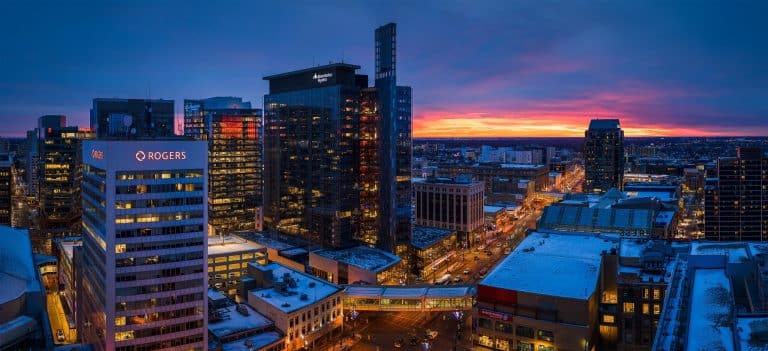 Centraal Canada CA Winnipeg skyline zonsondergang
