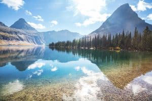 Bergmeer met dennen in Glacier National Park
