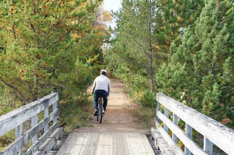 Oost Canada ON Algonquin Provincial Park fietser op bospad met houten brug