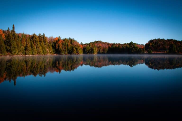 Oost Canada ON Algonquin Provincial Park meer met herfstkleuren en spiegeling