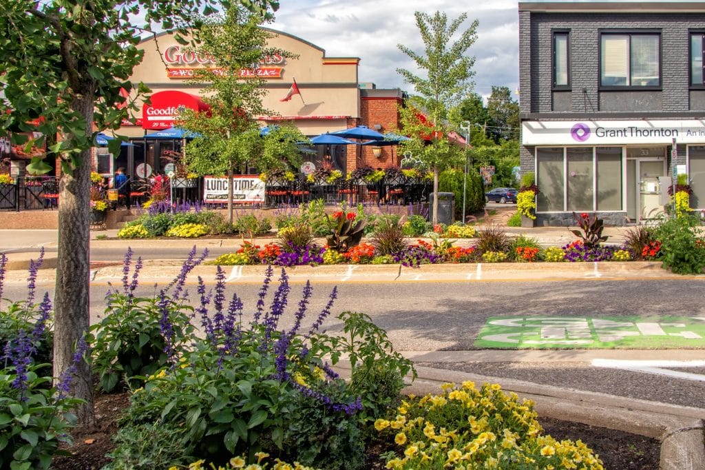 Oost Canada ON Georgetown dorpscentrum met winkels en bloemperken