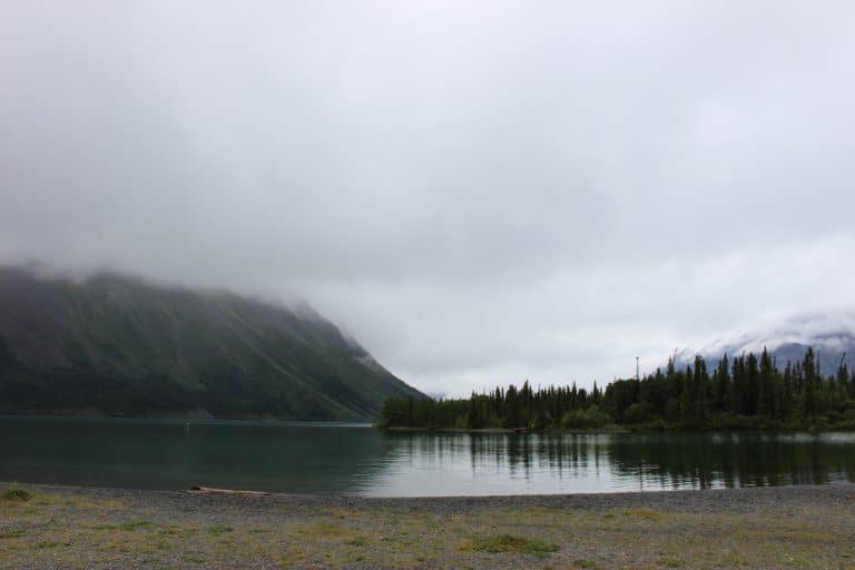 Yukon Kluane National Park Meer met bos en bergen in mist