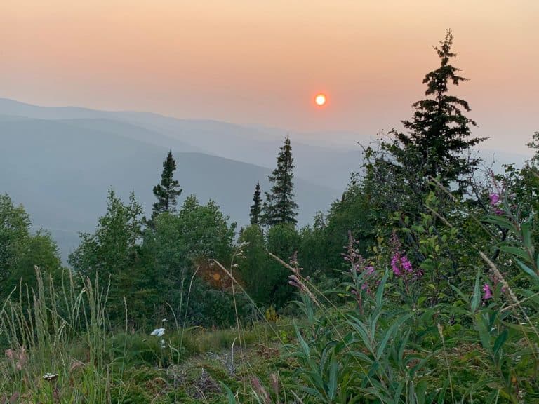 Yukon Old Crow zonsondergang boven bergen en bos