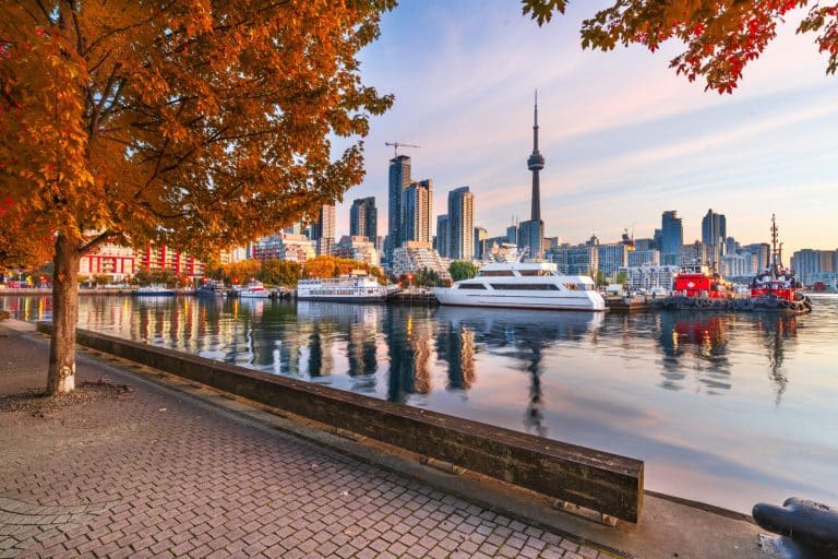 Oost Canada ON Toronto skyline met haven en boten in herfst