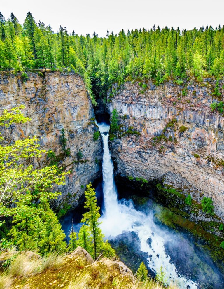 Spahats Falls waterval bij Clearwater in diepe kloof, British Columbia