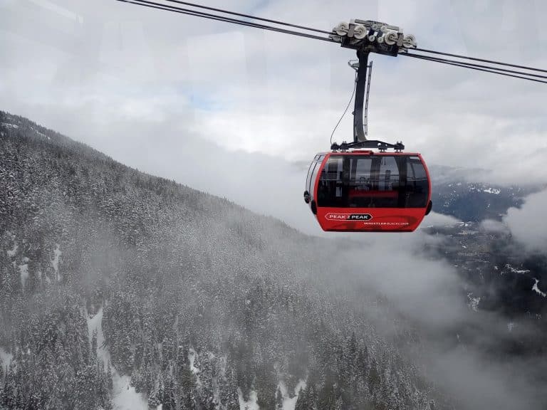 West Canada BC Whistler Peak 2 Peak gondola boven besneeuwd bos